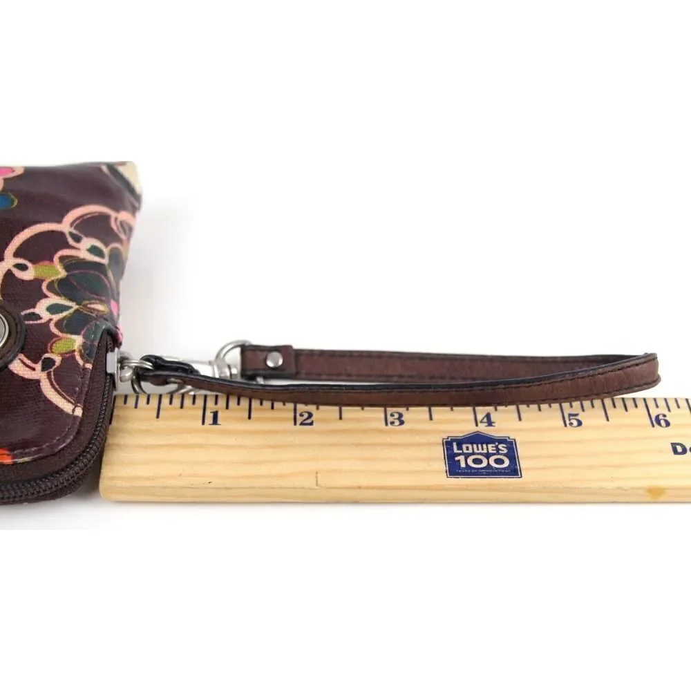 Fossil Key-Per COATED BROWN CANVAS FLORAL PRINT ID BILL CARD ZIP WALLET WRISTLET